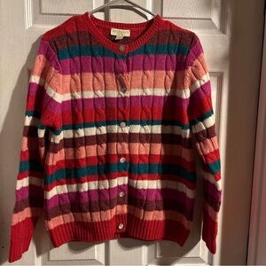 Appleseeds Petite Medium Striped Cardigan Sweater 100% Wool Cable Knit Red Pink